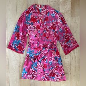 Josie by Natori Sheer Floral Pink and Blue Kimono Robe